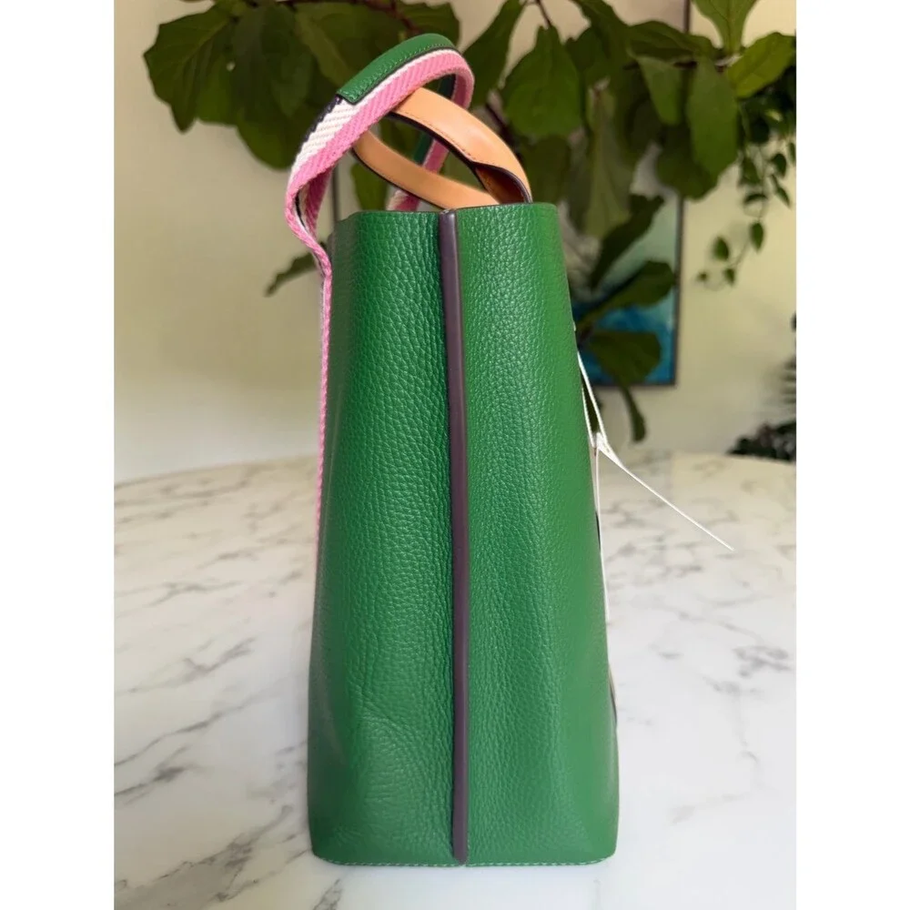 NWT Tory Burch Perry Multi Stripe Leather Triple Compartment Tote Arugula Green